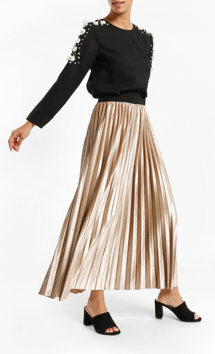 Velvet Pleated Skirt in Beige Gold lighter tone