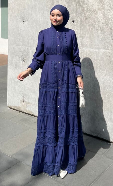 Olivia Cotton Dress in Navy Blue