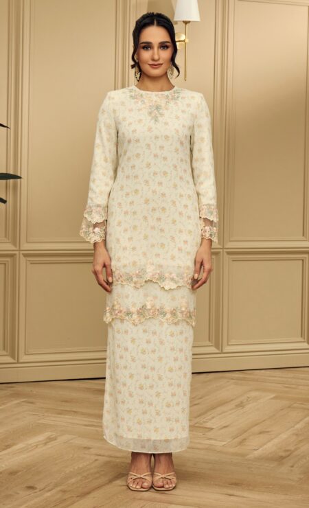 LEBARAN 2026 Anzalna Printed Kurung in Cream Yellow